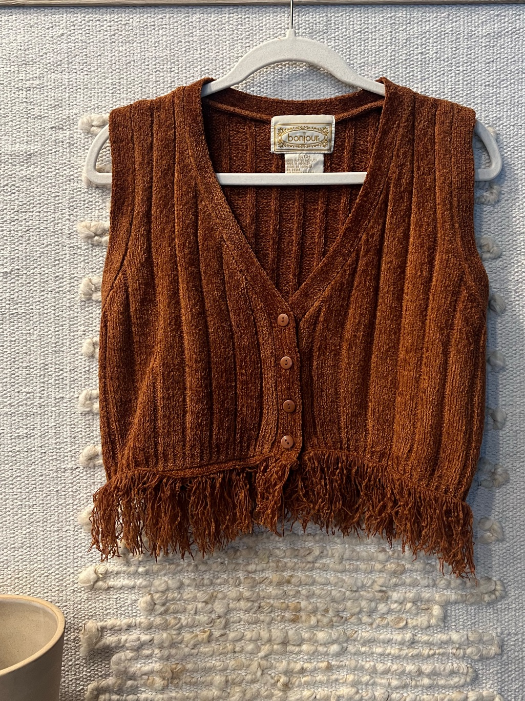 Vintage Cropped Fringe Button-Up Knit Vest